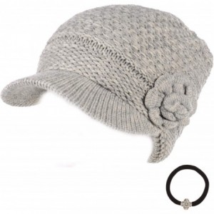 Skullies & Beanies Women's Winter Cable Knitted Beret Visor Beanie Hat with Scrunchy. - Flower-grey - C512NH2PTIL $19.78