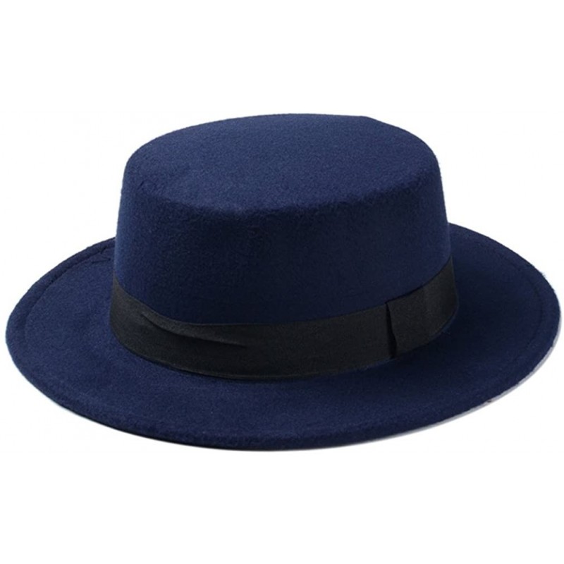 Fedoras Women Boater Hat Bowler Sailor Wide Brim Flat Top Caps Wool Blend - Navy Blue - CM184HHQKRQ $23.31