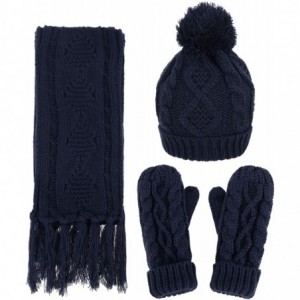 Skullies & Beanies 3 in 1 Women Soft Warm Thick Cable Knitted Hat Scarf & Gloves Winter Set - Navy Gloves W/ Lined - C312MDU4...