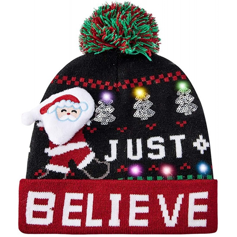 Skullies & Beanies Women Men Ugly Christmas Hats LED Light-up Knitted Beanies Cap for Xmas Party with 6 Colorful Lights - CB1...