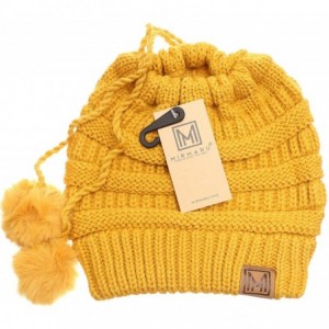 Skullies & Beanies Women's Ponytail Messy Bun Beanie Ribbed Knit Hat Cap with Adjustable Pom Pom String - Mustard - CY18H4HYT...