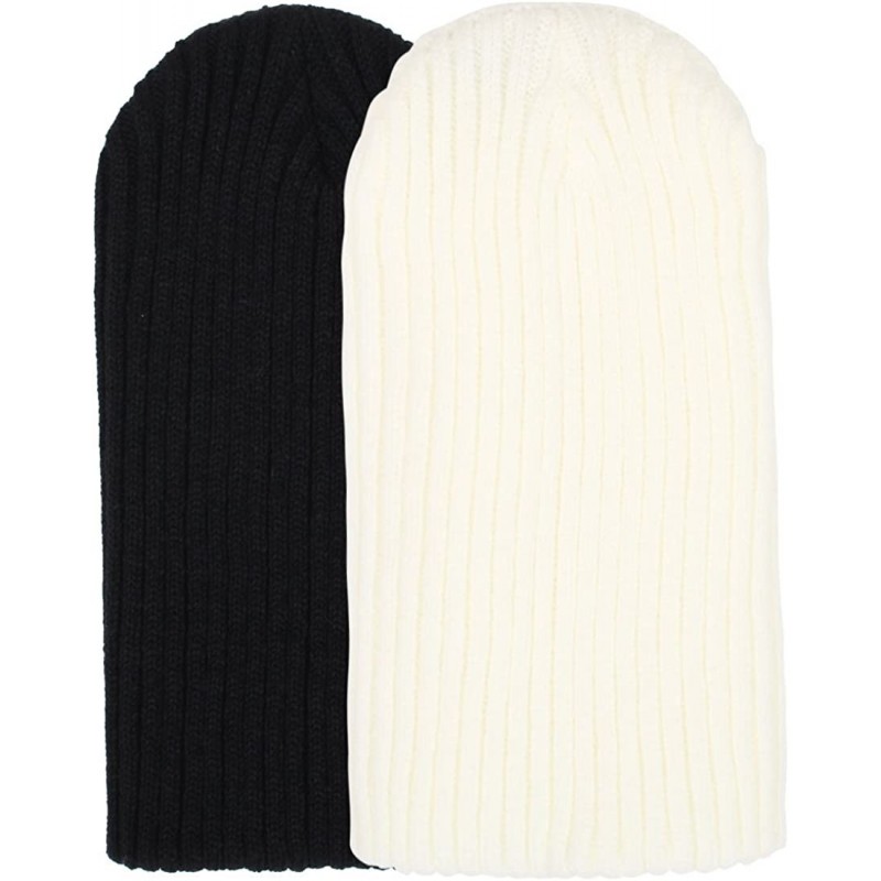 Skullies & Beanies 2 Pack Solid Color Blank Long Cuff Daily Stretch Knit Winter Beanies - Black & Ivory - CQ11NVE6CDN $29.09
