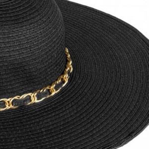 Sun Hats Women's Straw Wide Brim Floppy Sun Hat Beach Garden Sun Hat with Chain Band - Black - CD12H415SXN $36.75