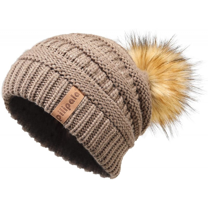 Skullies & Beanies Womens Winter Knit Beanie Hat Slouchy Warm Raccoon Fur Pom Pom Hat Caps for Women Ladies Girls - CB18ZXURR...