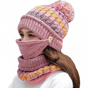 Skullies & Beanies Fleece Lined Pom Pom Beanie Scarf Mask Set Thick Knit Ski Hat for Girls Women - Pink - CI18Z5ZXC9W $46.58