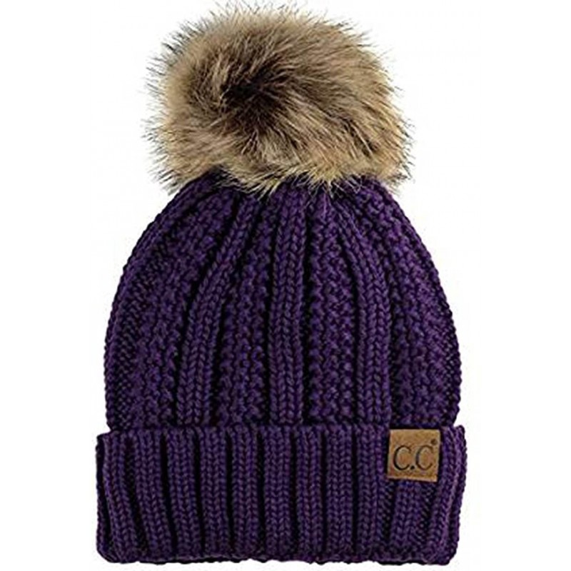 Skullies & Beanies Quality Women's Faux Fur Pom Fuzzy Fleece Lined Slouchy Skull Thick Cable Beanie hat - Purple - CV1880I4QO...