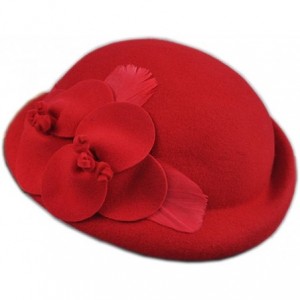 Berets Womens 100% Wool Veil Flower Pillbox Hat Winter Hat Crimping Beanie Hat - B-red - CG18GTG52ME $42.04