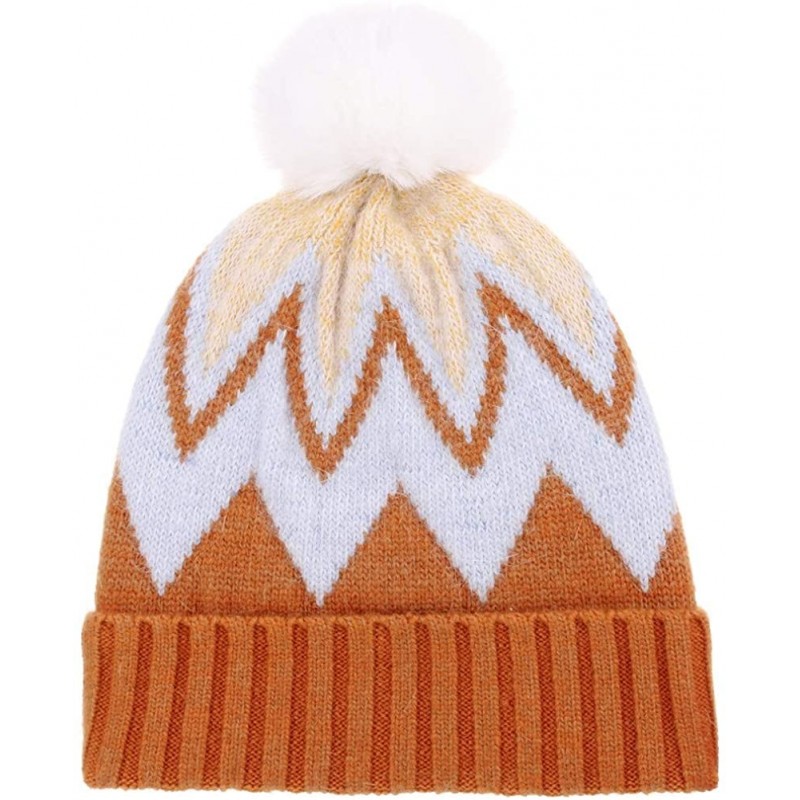 Skullies & Beanies Women Knit Wool Beanie - Slouchy Beanie Winter Hat with Faux Fur Pompom Soft Warm Ski Cap - Yellow - CT18Y...