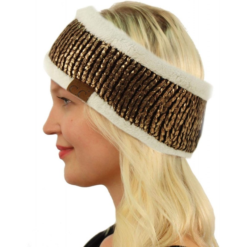 Cold Weather Headbands Winter Fuzzy Fleece Lined Thick Knitted Headband Headwrap Earwarmer - Metallic Brown/Gold - C118IGKNS3...