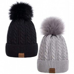 Skullies & Beanies Womens Winter Beanie Hat- Warm Fleece Lined Knitted Soft Ski Cuff Cap with Pom Pom - Black+soft Gray - CE1...