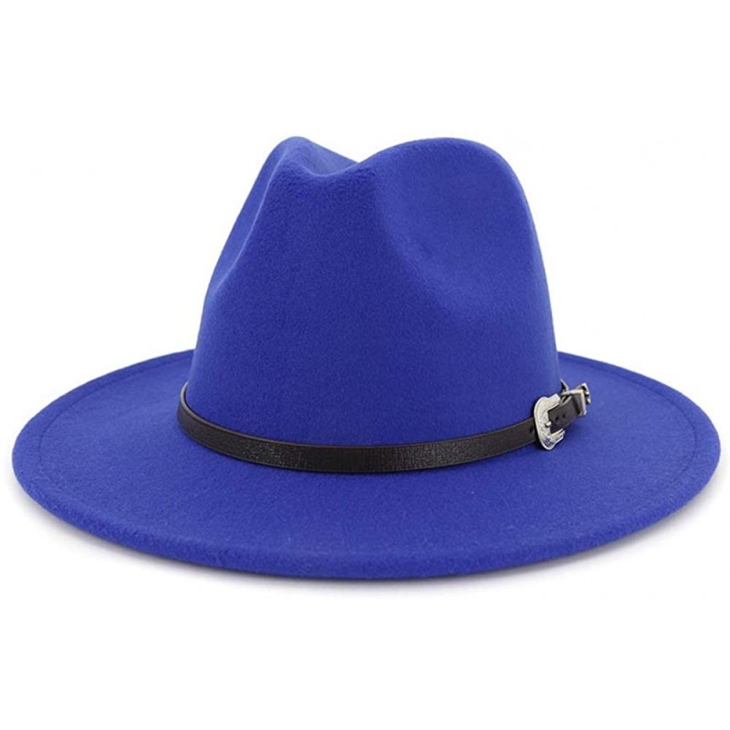 Fedoras Men & Women's Classic Wide Brim Felt Fedora Panama Hat with Belt Buckle - Royal Blue - CV18W8EHIYE $27.57