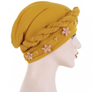 Skullies & Beanies Muslim Hat Pleated Twist Turbans for Women African Printing India Chemo Cap Flower Headwrap - Yellow - CR1...