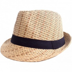 Fedoras Unisex Summer Straw Structured Fedora Hat w/Cloth Band - Brown Hat/Black Band - CF189ZKR2YL $15.08