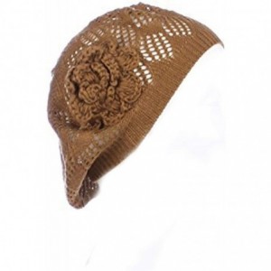Berets Womens Crochet Flower Beanie Hats Lightweight Cutout Knit Beret Fashion Cap - Khaki Mini Squares - CX12LCQ7LDL $20.25
