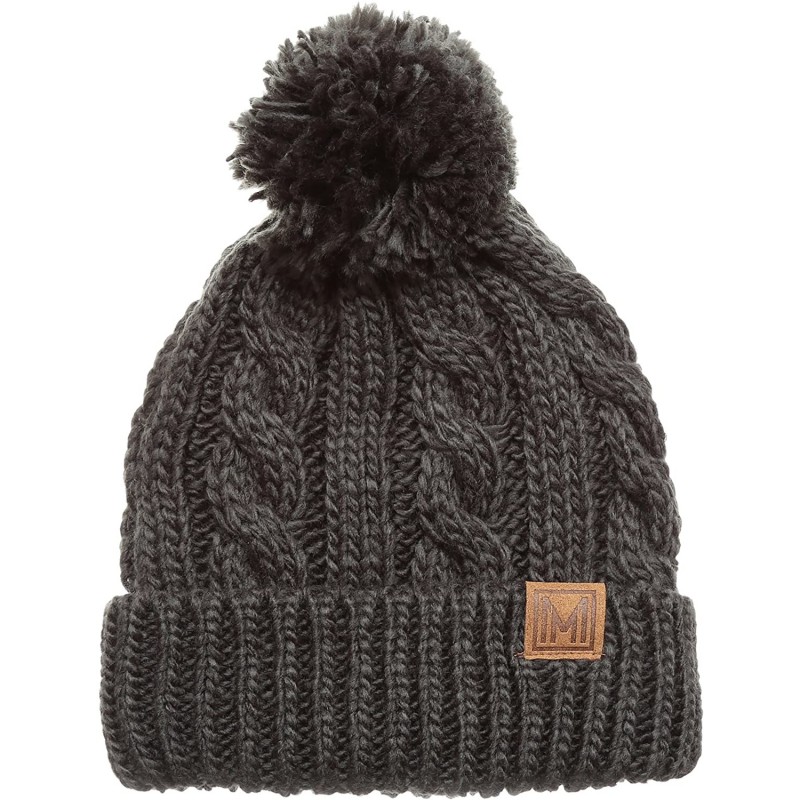 Skullies & Beanies Winter Oversized Cable Knitted Pom Pom Beanie Hat with Fleece Lining. - Dark Grey - CH186MRU5OI $28.59