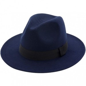 Fedoras Mens Fedora Hat Faux Felt Wide Brim Belt Buckle Cowboy Hat - C Navy - CW1933XL9XO $20.39