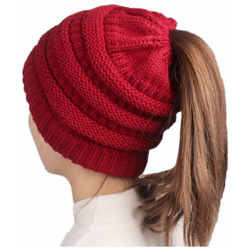 Skullies & Beanies Ponytail Messy BeanieTail Knit Bun Hat Cable Knit Hat Winter Baggy Wool Skull Cap - Red - CE187DK4KE4 $21.68