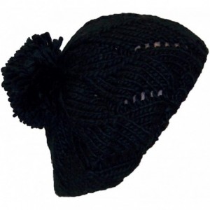 Berets Hand Knit Solid Color Twist Knit Winter Beret W/Large Pom Pom(One Size) - Black - CA11P3DFK9R $10.23