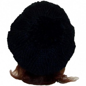 Berets Hand Knit Solid Color Twist Knit Winter Beret W/Large Pom Pom(One Size) - Black - CA11P3DFK9R $19.76
