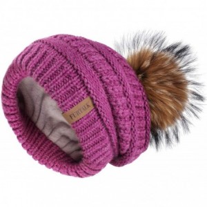 Skullies & Beanies Winter Hats Beanie for Women Lined Slouchy Knit Skiing Cap Real Fur Pom Pom Hat for Girls - CP18ULWZYWS $4...