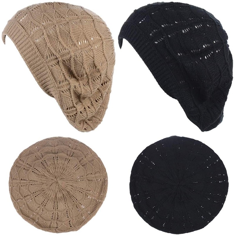 Berets Chic Soft Knit Airy Cutout Lightweight Slouchy Crochet Beret Beanie Hat - 2-packdk.beige & Black - CG18LEHXWAA $31.11
