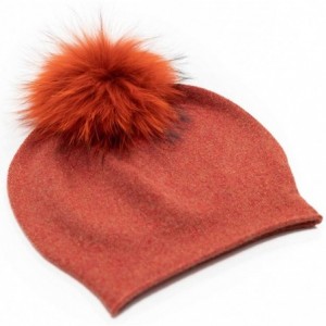 Skullies & Beanies Women's Winter 100% Pure Cashmere Beanie hat with Detachable Real Fur Pompom - Rust - CM1939M5TMO $98.88