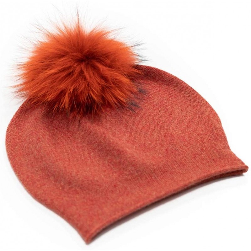 Skullies & Beanies Women's Winter 100% Pure Cashmere Beanie hat with Detachable Real Fur Pompom - Rust - CM1939M5TMO $108.52