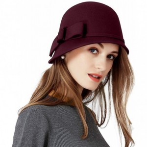 Bucket Hats Women Solid Color 100% Wool Winter Hat Women Cloche Bucket Bowler with Bowknot - Burgundy - C118M98AQ2R $58.15