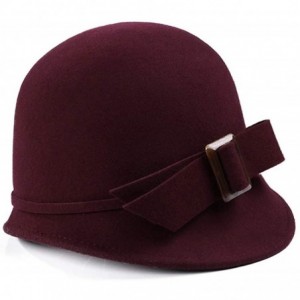 Bucket Hats Women Solid Color 100% Wool Winter Hat Women Cloche Bucket Bowler with Bowknot - Burgundy - C118M98AQ2R $60.20