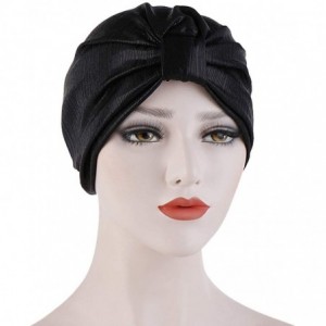 Skullies & Beanies Shiny Metallic Turban Cap Indian Pleated Headwrap Swami Hat Chemo Cap for Women - Black Knot - CN18DXS8ZS7...