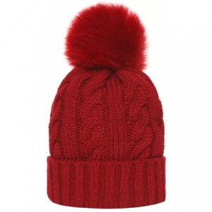 Skullies & Beanies Women Cable Knit Beanie Hat Winter Warm Pom Pom Cap Hats - Red - CC186089MU3 $35.52