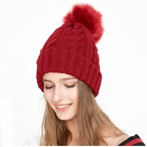 Skullies & Beanies Women Cable Knit Beanie Hat Winter Warm Pom Pom Cap Hats - Red - CC186089MU3 $33.48