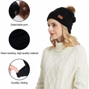 Skullies & Beanies Women's Ponytail Messy Bun Cotton Beanie Winter Warm Stretch Cable Hat Thick Knit Cuff Skull Cap - B1-blac...