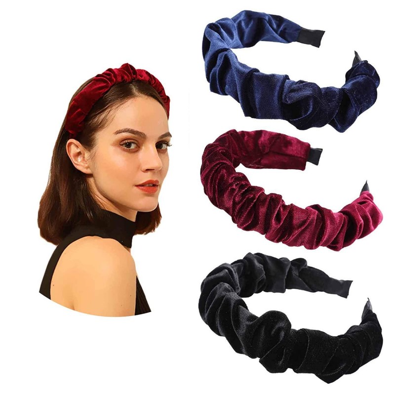 Headbands Velvet Ruffled Headband Spanish Vintage Style Alice Hair Band Matador Headband (navy blue+black+wine red) - CQ18A45...