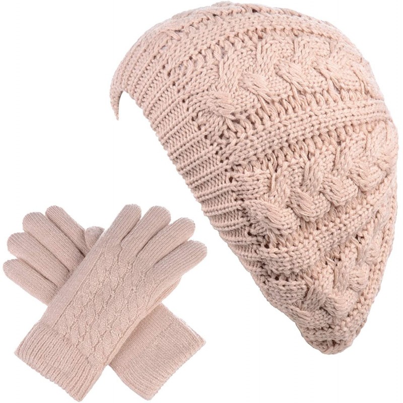 Berets Womens Winter Cozy Cable Fleece Lined Knit Beret Beanie Hat (Set Available) - Cream Cable Hat Gloves Set - C518UUMQ7N6...