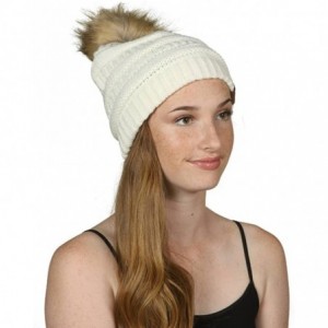 Skullies & Beanies Cable Knit Faux Fur Pom Pom Beanie Hat - Ivory - CO12M1RCDNN $30.25