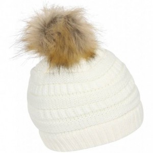 Skullies & Beanies Cable Knit Faux Fur Pom Pom Beanie Hat - Ivory - CO12M1RCDNN $30.25