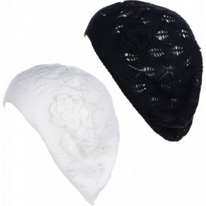 Berets Open Weave Womens Crochet Mesh Beanie Hat Flower Fashion Soft Knit Beret Cap - 2680bkwht - CY194X6OST2 $33.18