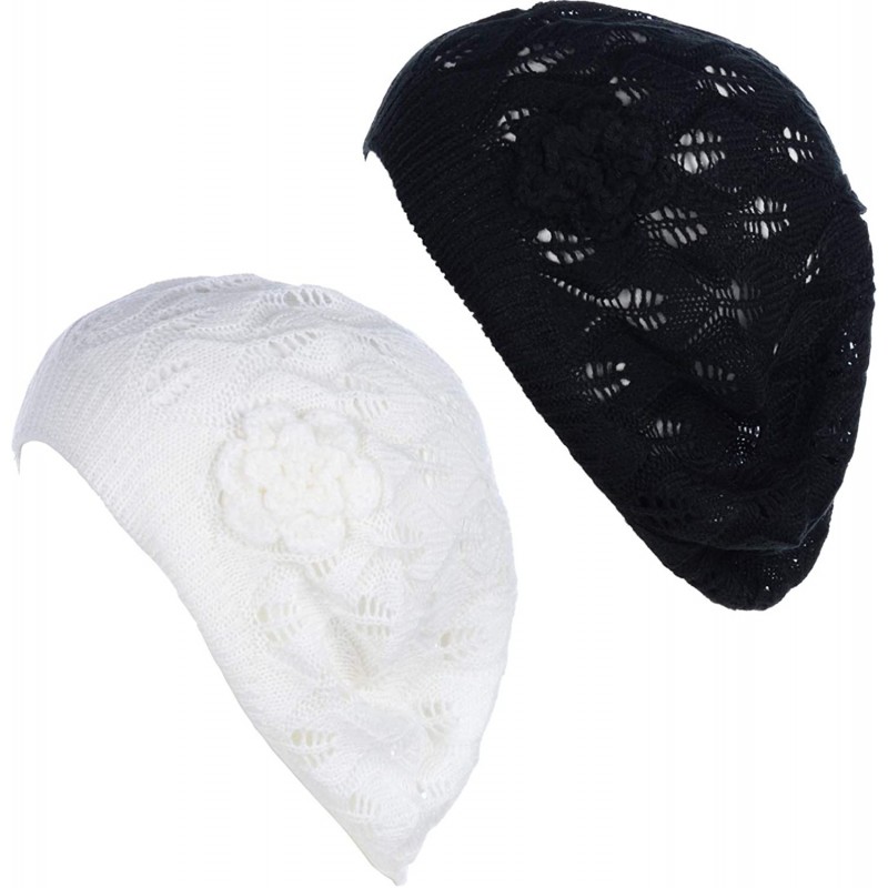 Berets Open Weave Womens Crochet Mesh Beanie Hat Flower Fashion Soft Knit Beret Cap - 2680bkwht - CY194X6OST2 $36.01