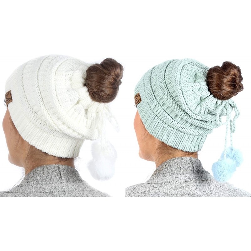 Skullies & Beanies Women's Ponytail Messy Bun Beanie Ribbed Knit Hat Cap with Adjustable Pom Pom String - 2 Pack - Off White ...