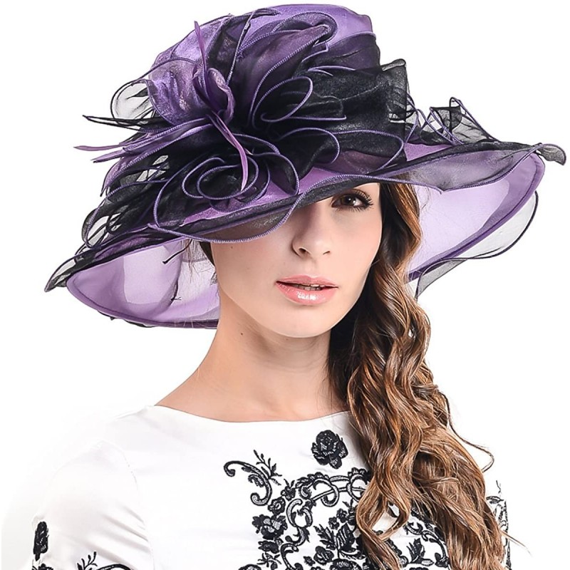 Sun Hats Ladies Kentucky Derby Church Hat Wide Brim Leaf Flower Bridal Dress Hat s037 - Purple&black - CA12CV36HIT $29.53