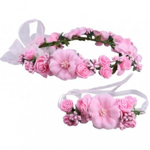 Headbands Flower Crown Wedding Hair Wreath Floral Headband Garland Wrist Band Set - Pink - CA185LAGNQK $48.29
