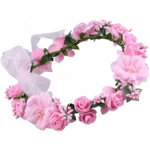 Headbands Flower Crown Wedding Hair Wreath Floral Headband Garland Wrist Band Set - Pink - CA185LAGNQK $58.73