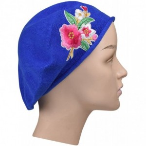 Berets 100% Cotton Beret French Ladies Hat with Pink Flower Bouquet - Blue - CX183CYOZKD $55.72