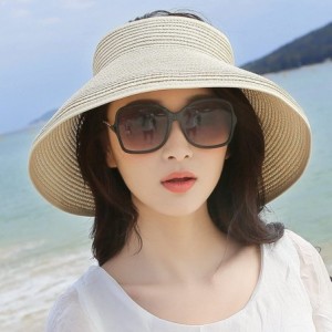 Sun Hats Women Sun Visor Hats Summer Roll Up Packable Wide Brim Straw Hat - Beige - C617YLGYN5D $24.45