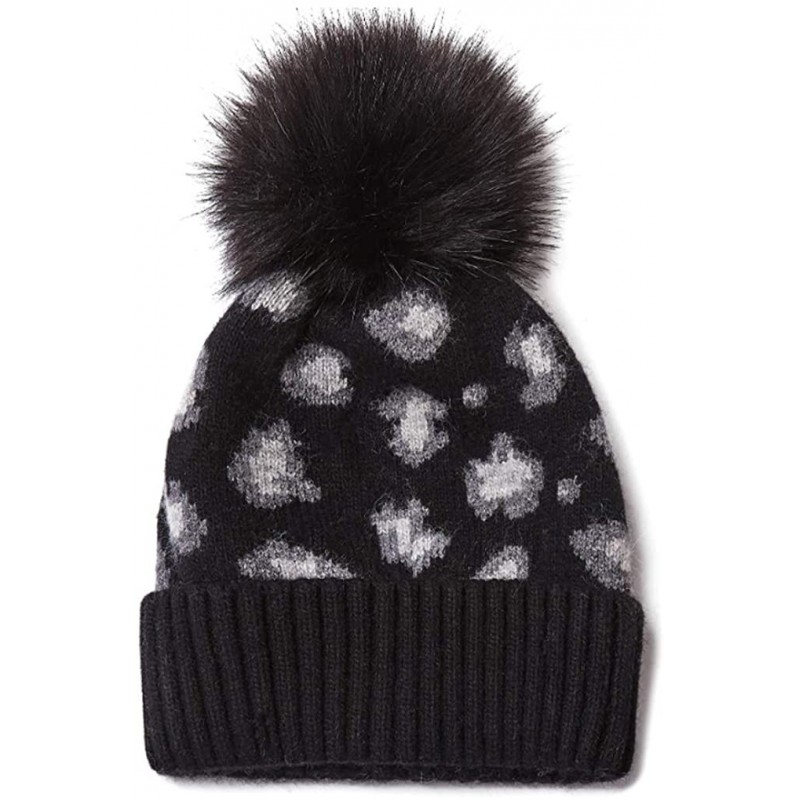 Skullies & Beanies Cashmere Winter Beanie Pom Pom Hat for Women Slouchy Warm Ski Hats - Black Leopard - CM18ZCENSQT $28.58