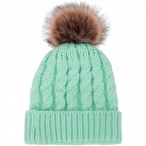 Skullies & Beanies Winter Hand Knit Beanie Hat with Faux Fur Pompom - Light Green - CN1820K3M8W $25.89