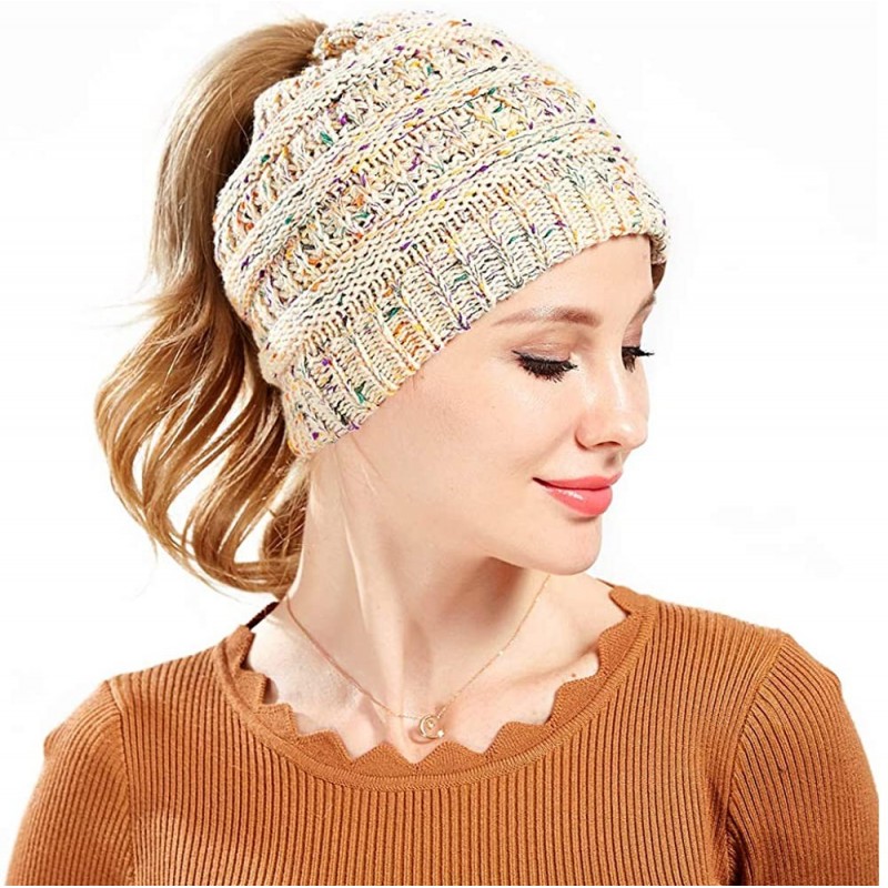 Skullies & Beanies Women Warm Stretch Cable Knit Ponytail Beanie Skully - Chunky Soft Confetti Knit Beanie Hats - Beige - CY1...