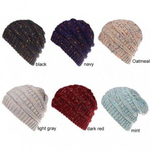 Skullies & Beanies Women Warm Stretch Cable Knit Ponytail Beanie Skully - Chunky Soft Confetti Knit Beanie Hats - Beige - CY1...