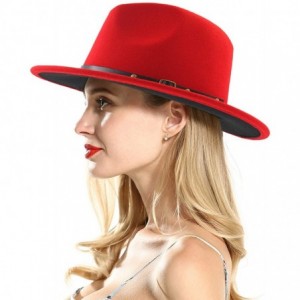 Fedoras Wool Felt Jazz Fedora Hat Men Women Patchwork Leather Band Wide Brim Felt Hat Panama Trilby hat - Red Black - CX18OXM...